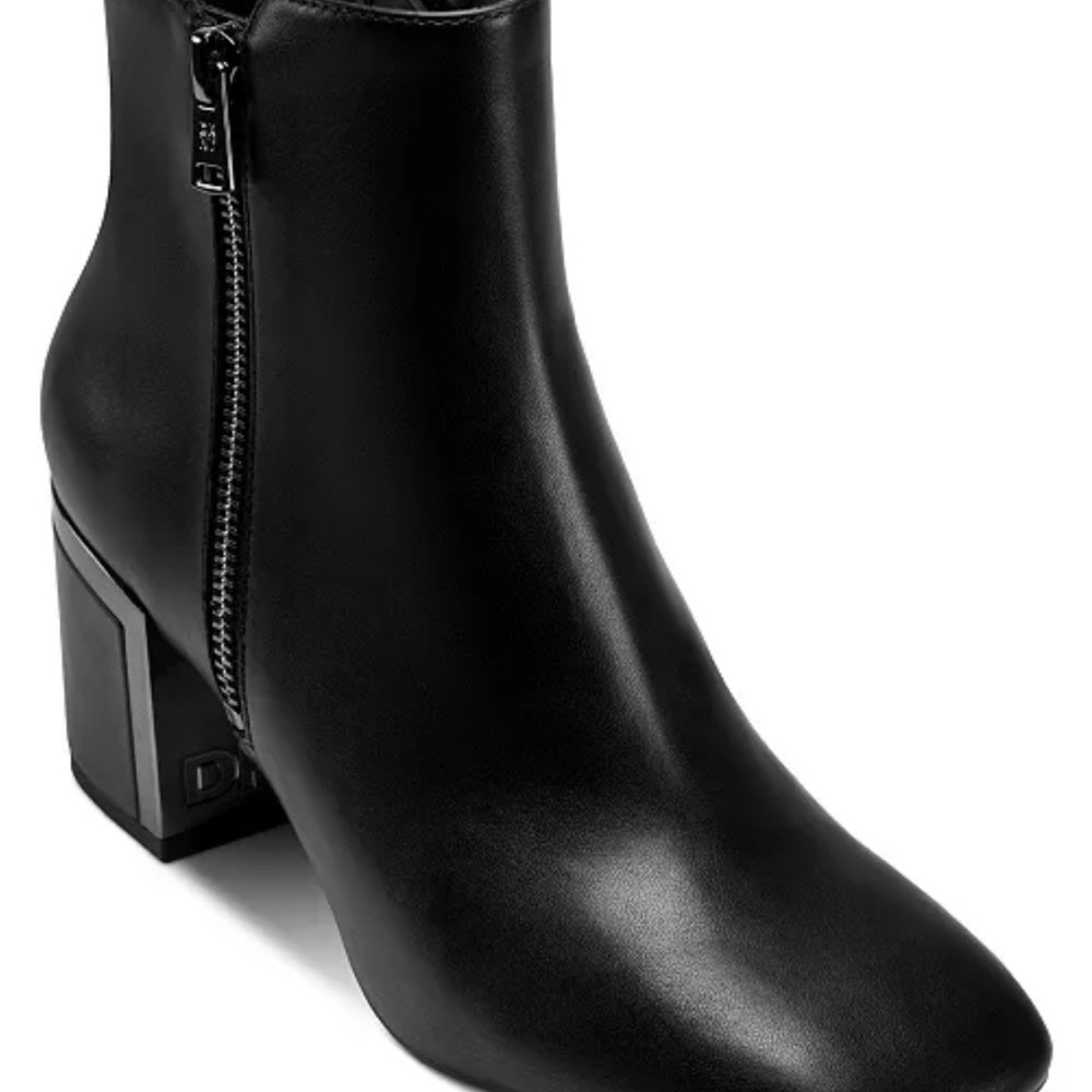 DKNY Black Ankle Boots with silver design on heel and zipper - New in Box